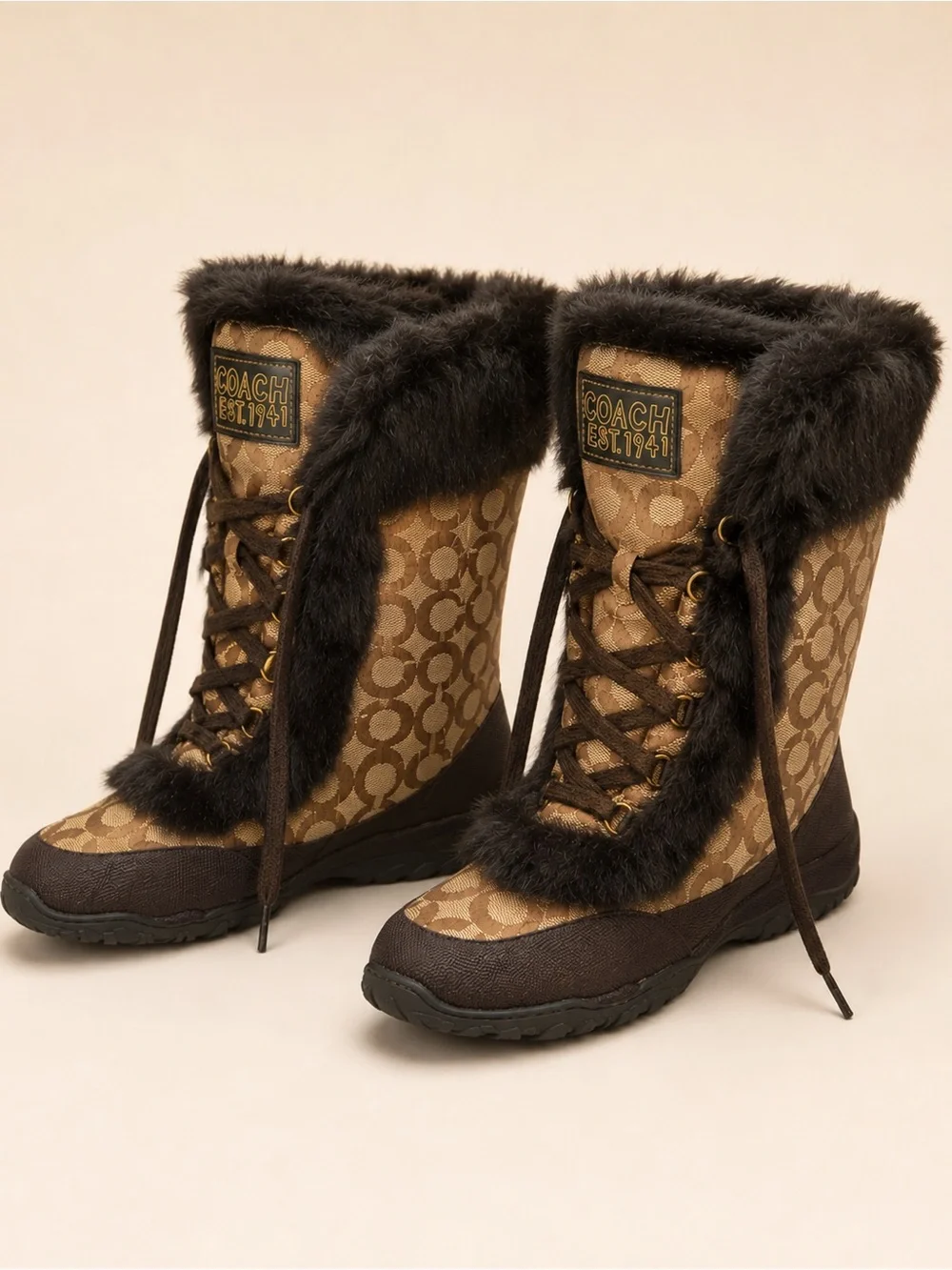 Coach Jennie Q522 Signature Monogram Fur-Trim Winter Boots Women’s Size 9B